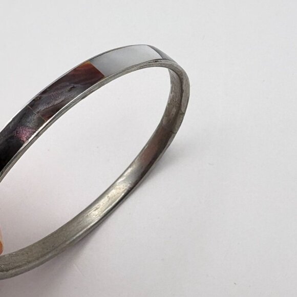 Mother of Pearl Inlay Bracelet Bangle Silver Tone Minimalist Boho - Picture 4 of 7